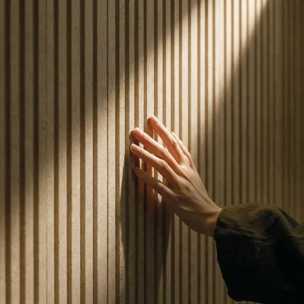 Hand resting on textured wooden slats, light and shadow across the surface