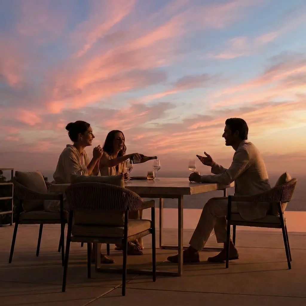 Family sharing a laugh over an outdoor dinner at golden hour
