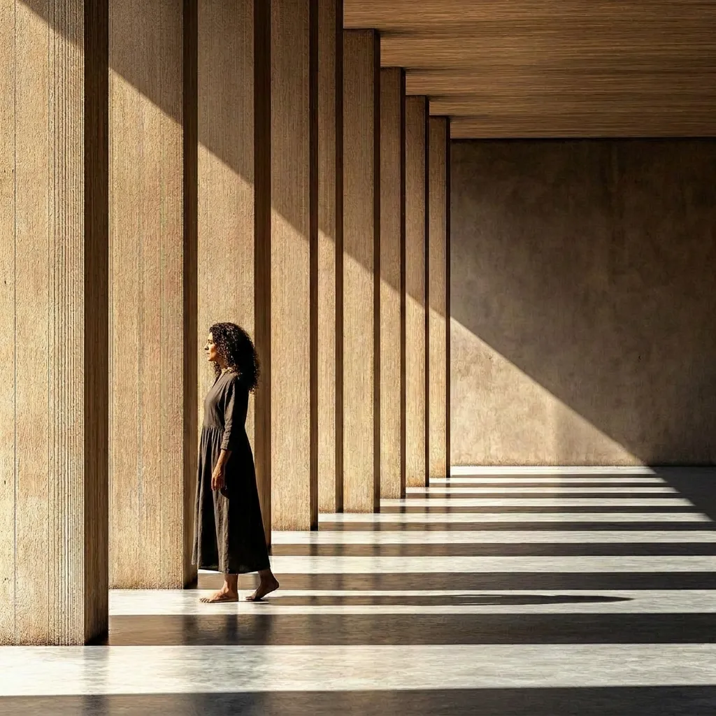 Woman walking through a sunlit colonnade of tall wooden columns