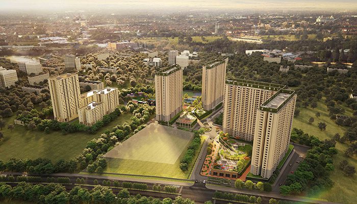 Aerial view of the Assetz Marq township in Whitefield, from the official project gallery